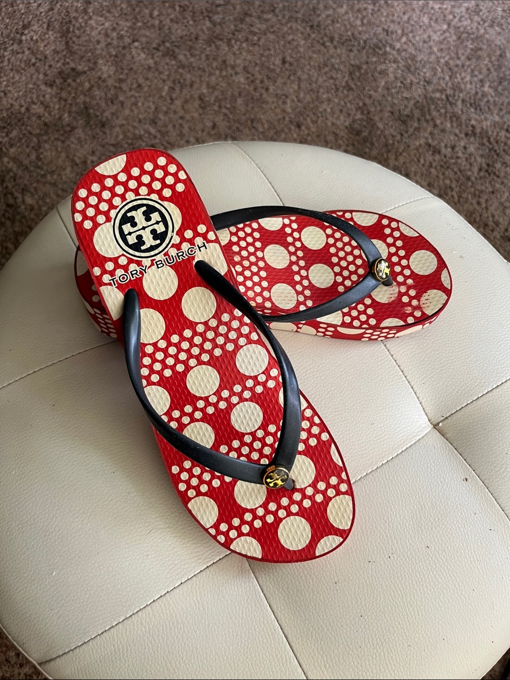Tory Burch Red & Cream Polka Dot Flip Flop Sandals with Blue straps